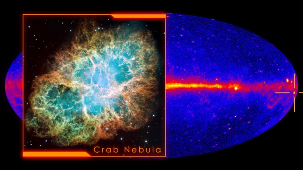 Hubble-teleskopets bild av "Krabban" och dess placering i Vintergatans gammafält. Foto: NASA