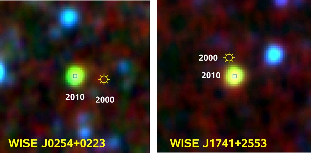 Våra nya stjärngrannar i färgförstärkning: WISE J0254+0223 och WISE J1741+2553.Bild: AIP, NASA/IPAC Infrared Science Archive