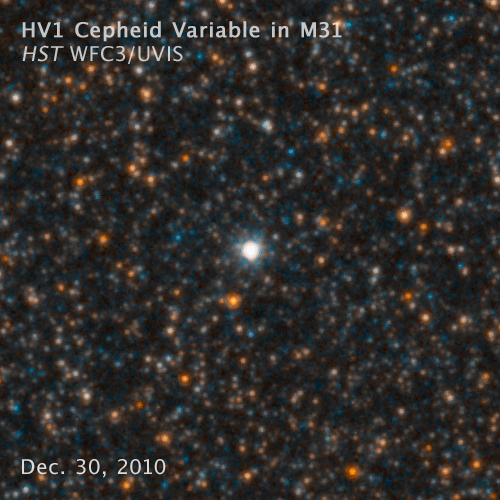 V1-variabeln blinkar till oss. Foto: HST/NASA/ESA
