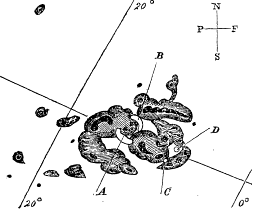 Carrigtons berömda teckning med flare-utbrotten 1859. Samtidigt med utbottet registrerades en magnetstorm på Kew Observatory, och dagen efter sköljde solplasman in över jordklotet.