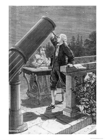 1700-talets slut dominerades av William Herschels upptäckter - här en romantiserad bild av hans upptäckt av Uranus, Systern Caroline i bakgrunden.