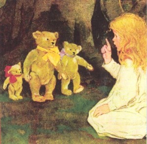Guldlockar förklarar saker och ting. Ill från gammal sagobok.