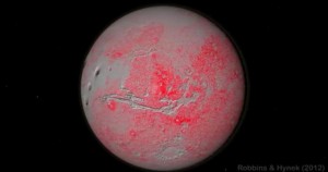 Kratertätheten skiftar över Mars. ill: CU-Boulder/Robbins/Hynek 2012