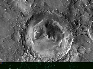 Gale-kratern. Bilden är baserad på en mosaik från Mars-sonder. Foto:NASA/JPL-Caltech/ASU