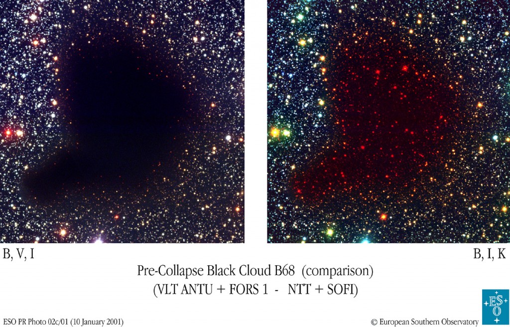 Pedagogisk ESO-bild av B68 - visuellt och i infrarött. Foto: ESO