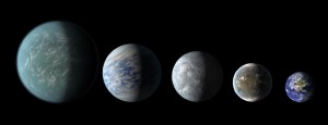 Keplers hittills kända "beboeliga zon"-planeter: fr v Kepler-22b, Kepler-69c, Kepler-62e, Kepler-62f - och jordklotet! Bildkälla: NASA Ames/JPL-Caltech.