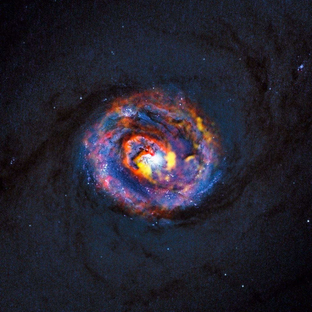 Den här detaljerade bilden visar de centrala delarna av den närliggande aktiva galaxen NGC 1433. Den svaga blå bakgrundsbilden, som visar de centrala stoftstråken hos galaxen, kommer från NASA/ESA:s Hubbleteleskop. De färgade strukturerna nära mitten är tagna från nya observationer från ALMA, som visar upp en spiralform, samt ett oväntat utflöde för första gången. Källa: ALMA (ESO/NAOJ/NRAO)/NASA/ESA/F. Combes