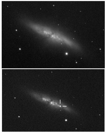 M82 då och nu... Bildkälla: Credit: UCL/University of London Observatory/Steve Fossey/Ben Cooke/Guy Pollack/Matthew Wilde/Thomas Wright