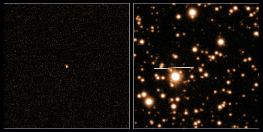 Markstudie av Rosettas komet. Bilden från ESO:s Very Large Telescopes (VLT) av den fyra kilometer stora kometen togs 5 oktober 2013 då den var omkring 500 miljoner kilometer bort – innan den passerade bakom solen och kom utom sikte från jordens perspektiv.