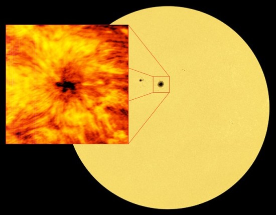 Image of the solar surface alongside a close-up view of a sunspo