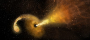 Artist conception of a tidal disruption event (TDE) that happens when a star passes fatally close to a supermassive black hole, which reacts by launching a relativistic jet.